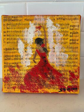 Hand Painted Flamenco Dancer on Music Score Acrylic Painting on Canvas 8x8